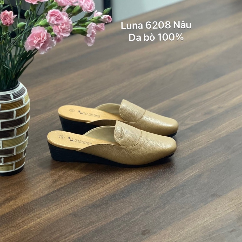 Sục da nữ 3p LUNASHOES 6208 dép cho mẹ màu đen nâu trắng da bò 100% cao 3 phân bảo hành 24 tháng đi êm chân dễ phối đồ