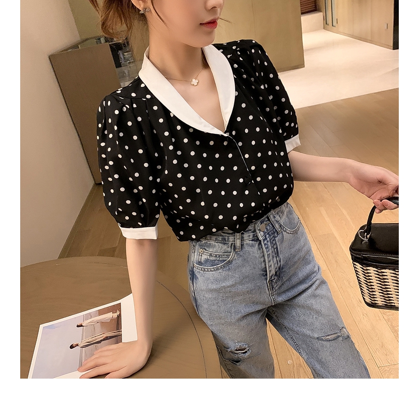 SUXI Áo Sơ Mi Chiffon Cổ V Tay Phồng Họa Tiết Chấm Bi Kiểu Retro Thời Trang Mùa Hè Cho Nữ
