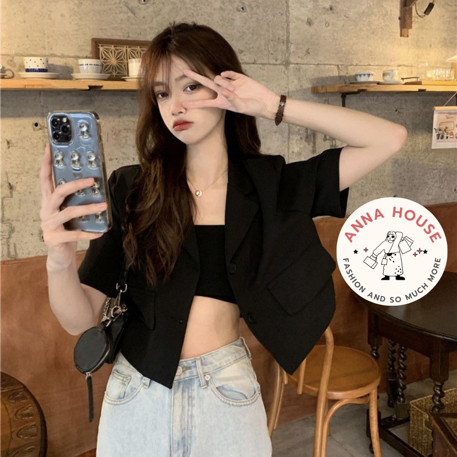 Áo khoác Blazer nữ dáng croptop ngắn tay form rộng cổ vest túi nắp, Áo blazer nữ khoác ngoài dáng ngắn cộc tay cổ vest