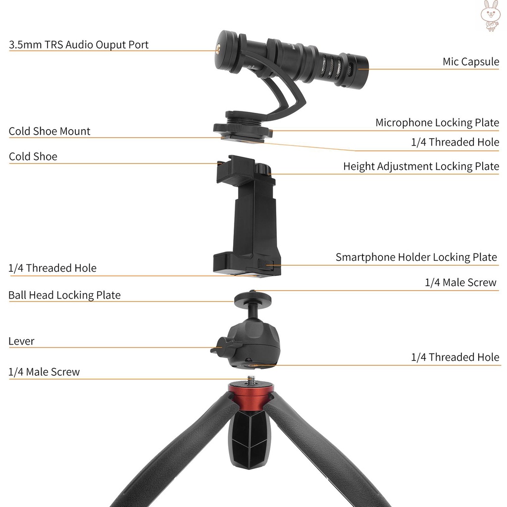 OL COMICA CVM-VM10-K2 Pro Multi-functional Smartphone Video Vlog Kit with Cardioid Microphone Ball Head Tripod Phone Holder 3.5mm TRS to TRRS Cable Foam Fur Windshield Carrying Bag