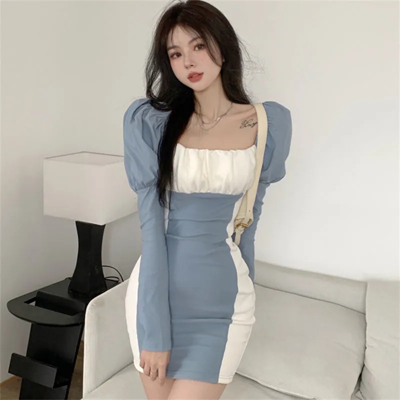 Đầm MURIOKI cổ vuông tay dài phồng ôm dáng phong cách Hàn Quốc thời trang dành cho nữ