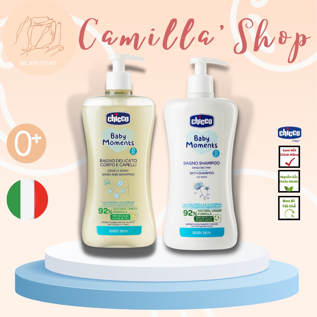 Sữa tắm gội Chicco hương yến mạch/ hoa cúc cho bé từ 0m+ 500ml