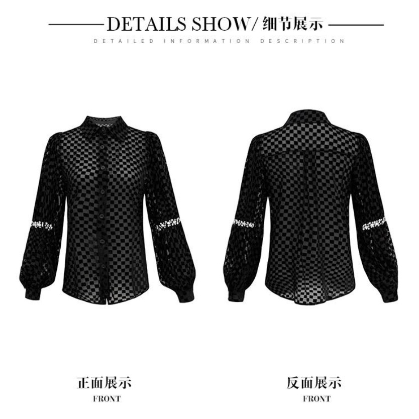 Áo sơ mi lưới mỏng dáng rộng tay lồng đèn đính kim cương kiểu Pháp thu đông cho nữ