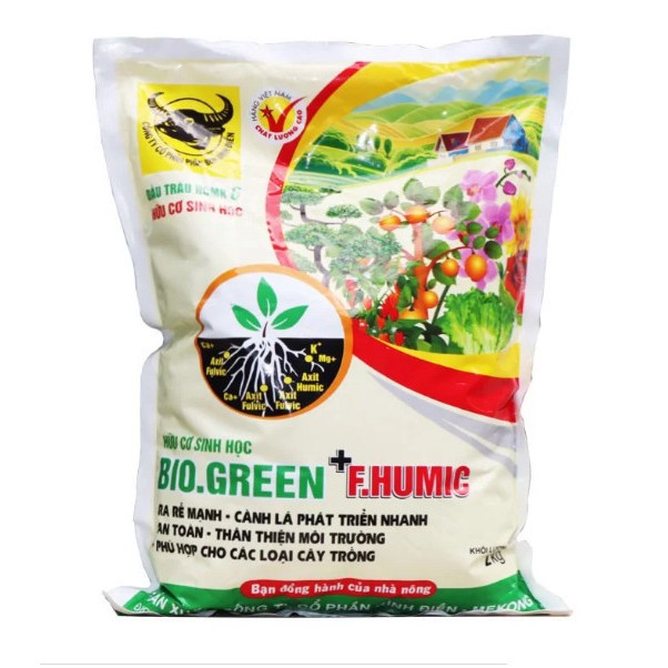Phân hữu cơ sinh học đầu trâu BioGreen + F.Humic gói 2kg  dùng cho rau củ quả hoa - Trang Flowers