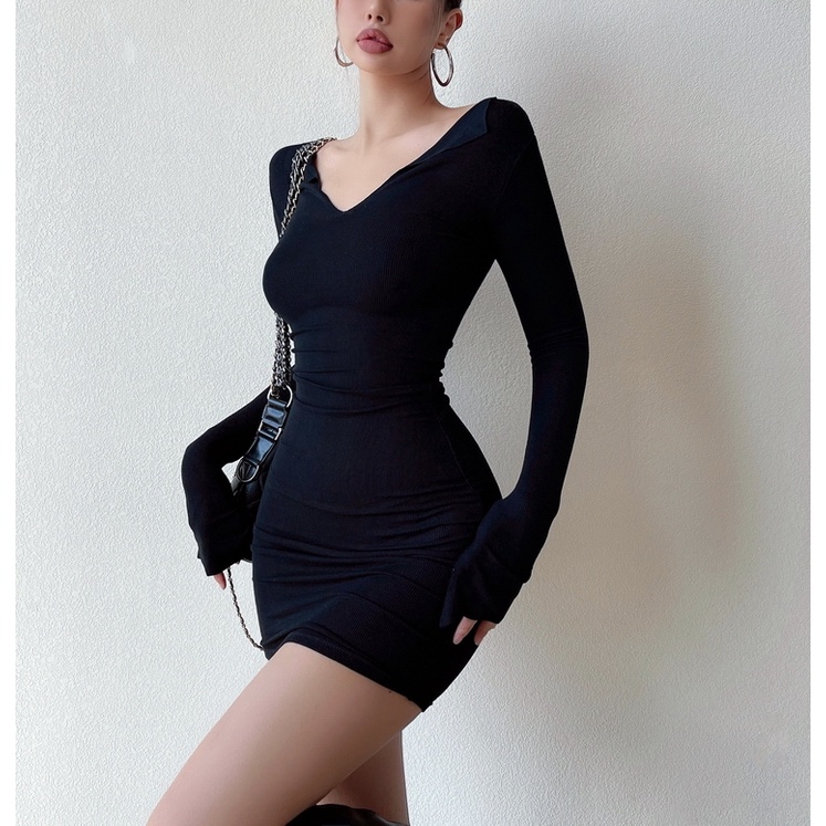 Đầm Thun Tay Dài Cổ Chữ v Ôm Dáng Quyến Rũ Dành Cho Nữ