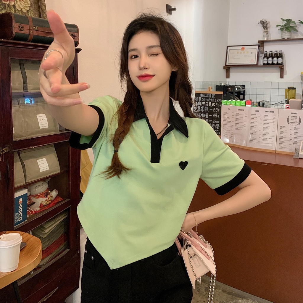 【ZHELIHANGFEI】 Áo Thun POLO Dệt Kim Ngắn Tay Phối Màu Tương Phản Cá Tính