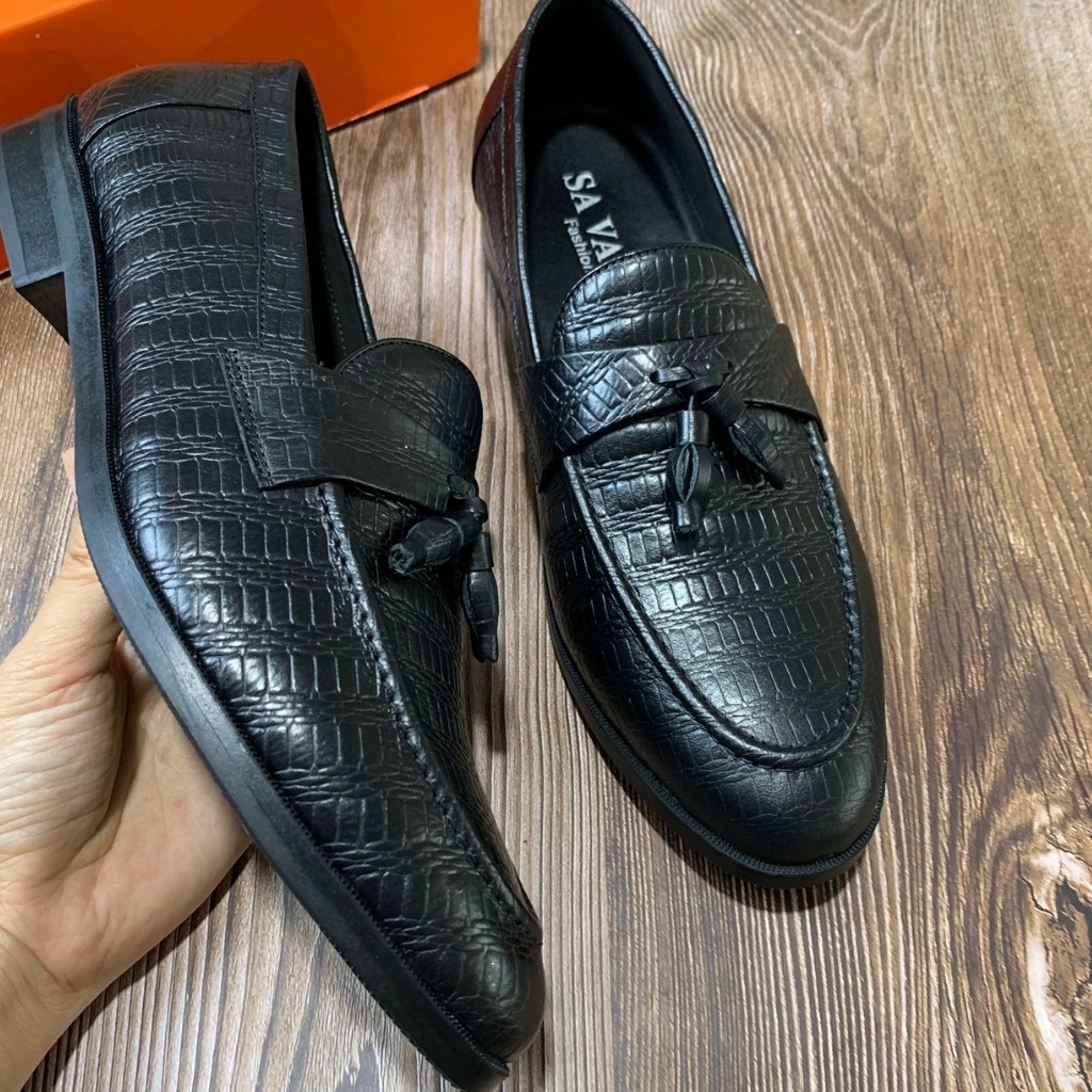 Giày tây công sở nam da bò nguyên miếng chuẩn 100% chuông vân đen cao cấp