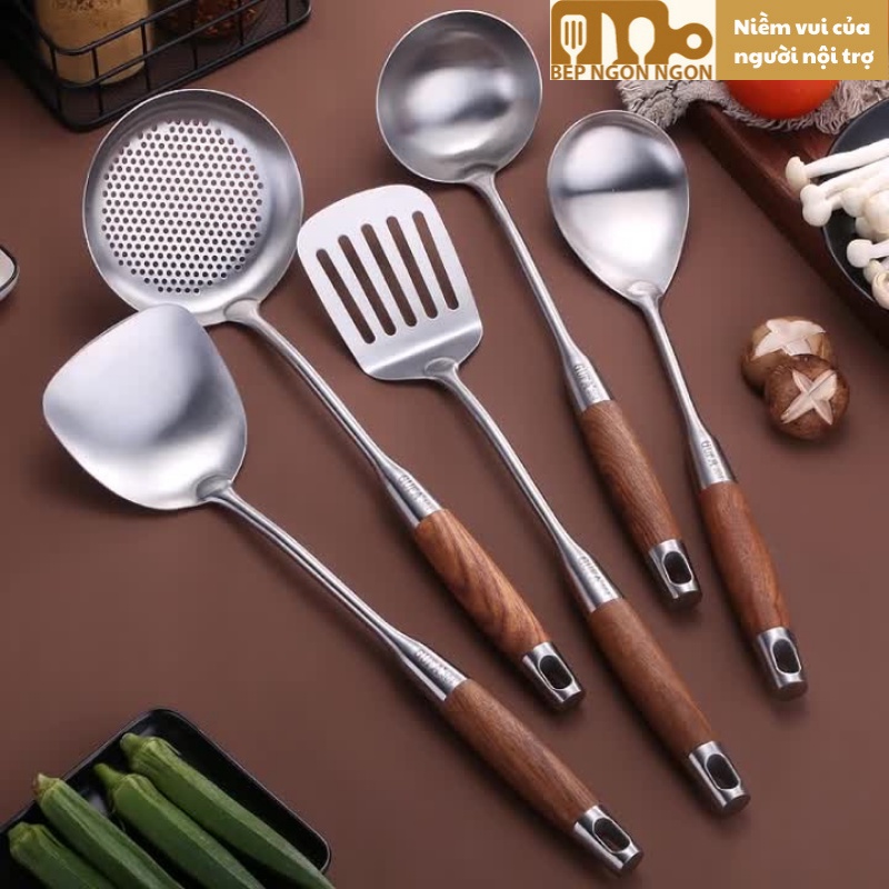 Bộ dụng cụ nấu bếp 5 món muỗng vợt chiên xẻng xúc xẻng gai muôi inox SUS 304 cán gỗ_BEP NGON NGON