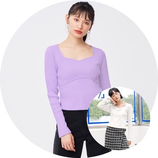 Áo thun tăm nữ dài tay cổ chữ U xinh xắn của GU - Nhật Bản