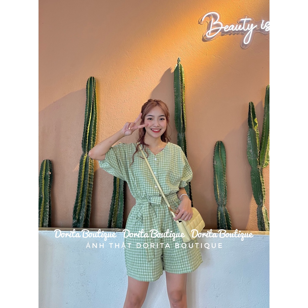 Jum kẻ kèm đai dáng Hàn, Jum kẻ caro kèm đai vải đũi xốp - Dorita Boutique