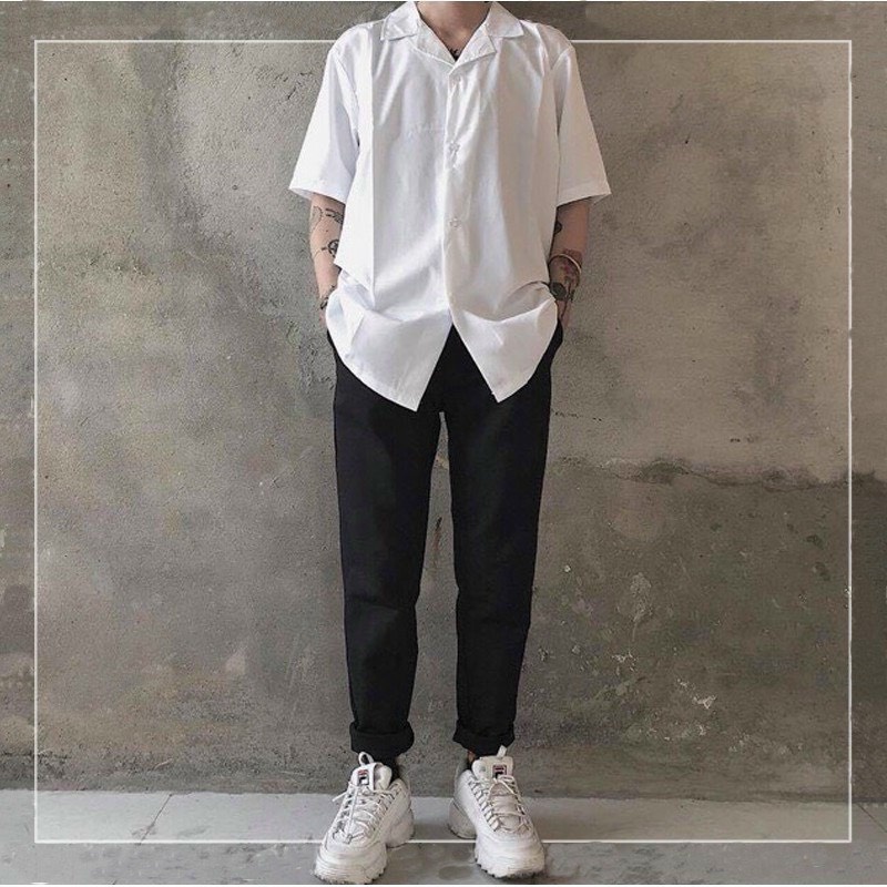 Áo sơ mi Lụa Cổ Vest nam nữ unisex basic 2 màu đen trắng cực đẹp, áo sơmi văn phòng dễ phối đồ