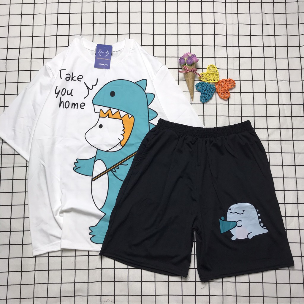 [ẢNH THẬT] Set Đồ Bộ Khủng Long " TAKE YOU HOME"  cartoon 3D Cute -Lapi VN Áo+ Quần Đùi Vải Thun Cotton, Freesize,Tay Lỡ