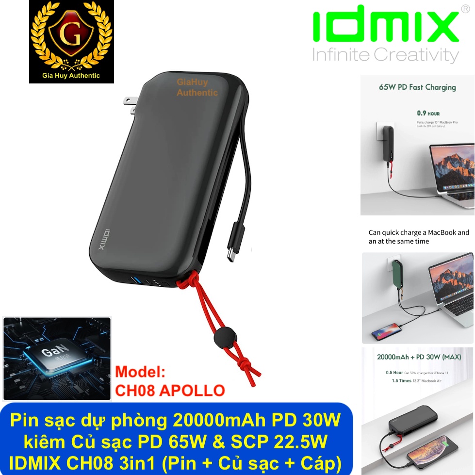 Pin sạc dự phòng 20000mAh PD 30W kiêm Củ sạc nhanh Macbook Pro, iPad Pro, iPhone 13 IDMIX CH08 GaN PD 65W