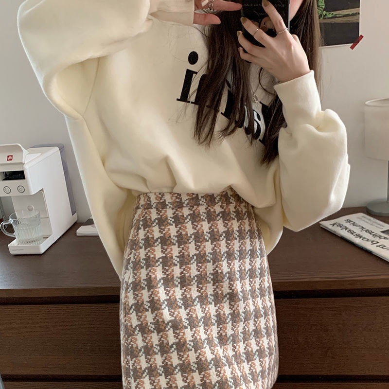 Set áo hoodie dài tay và chân váy tweed họa tiết sọc caro kiểu Hàn trẻ trung (có bán lẻ)