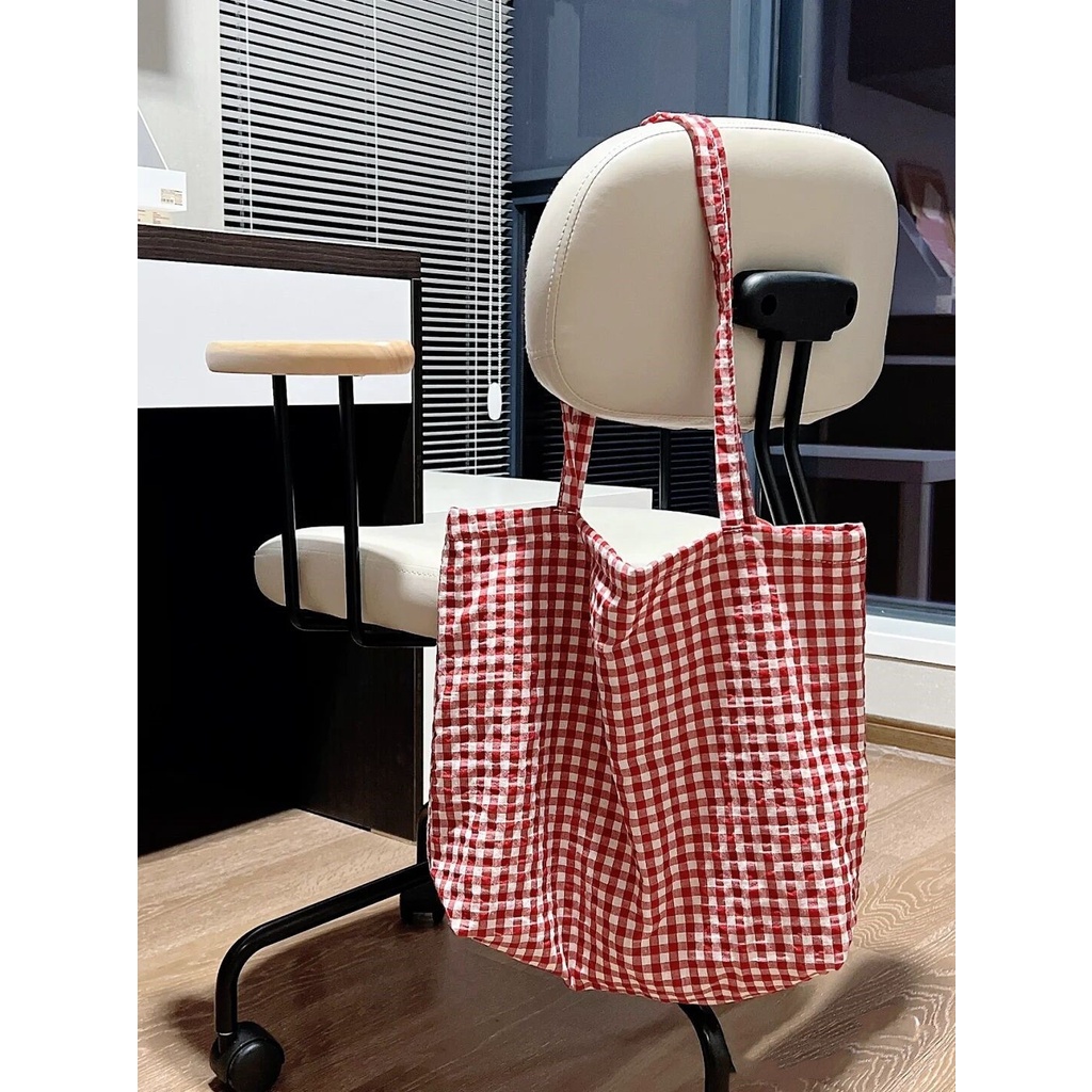 Túi Xách Vải cotton Lanh Phối Ren Kẻ Sọc Caro Phong Cách retro Hàn Quốc Cho Nữ