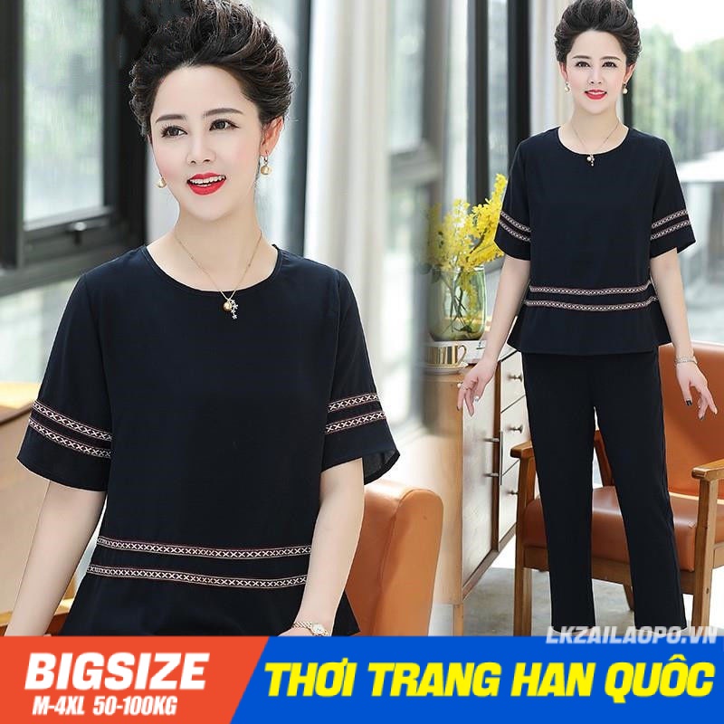 Set bộ đồ nữ trung niên cho mẹ Bigsize Áo thun tay ngắn kết hợp quần baggy Quần áo nữ trung niên Phong cách Hàn Quốc Thời Trang cá tính xinh đẹp cho người mập béo nữ