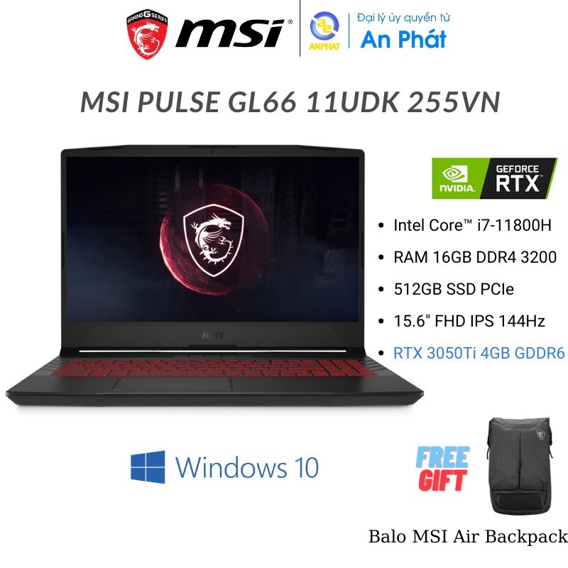 Laptop MSI Pulse GL66 11UDK 255VN (Core i7-11800H | 16GB | 512GB | RTX 3050 Ti 4GB | 15.6 inch FHD | Win 10 | Đen)