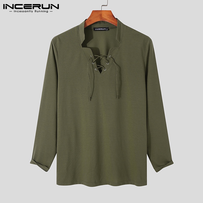 Áo thun Incerun dài tay cổ chữ V phối dây buộc 3 màu cá tính dành cho nam
