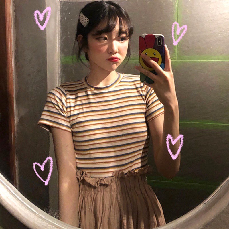 [Mã 11FASHIONSALE1 giảm 10K đơn 50K] Áo thun ngắn tay/ áo phông kẻ cổ tròn dáng ôm body nhiều màu freesize dễ mix đồ | BigBuy360 - bigbuy360.vn