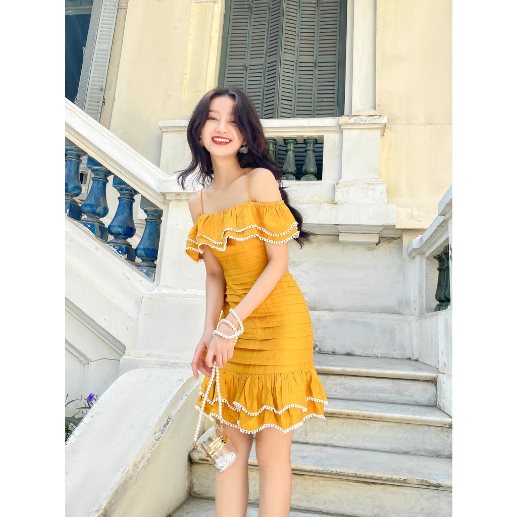 SÒ VINTAGE - BELL Đầm xếp ly hai dây viền ren