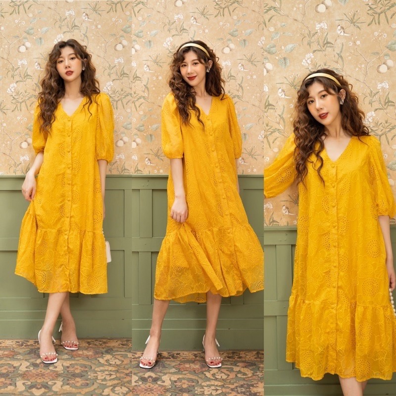 Đầm ren voan xước cúc bọc dáng suông váy đuôi cá tiểu thư dễ mặc