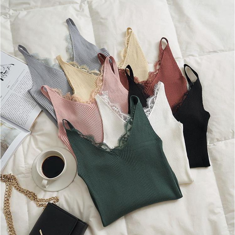 Áo hai dây len tăm phối ren siêu xinh | BigBuy360 - bigbuy360.vn