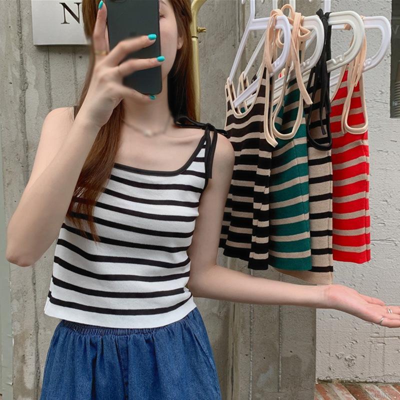 Áo Tank Top Dệt Kim Phối Nơ Hoạ Tiết Kẻ Sọc Thiết Kế Thanh Lịch