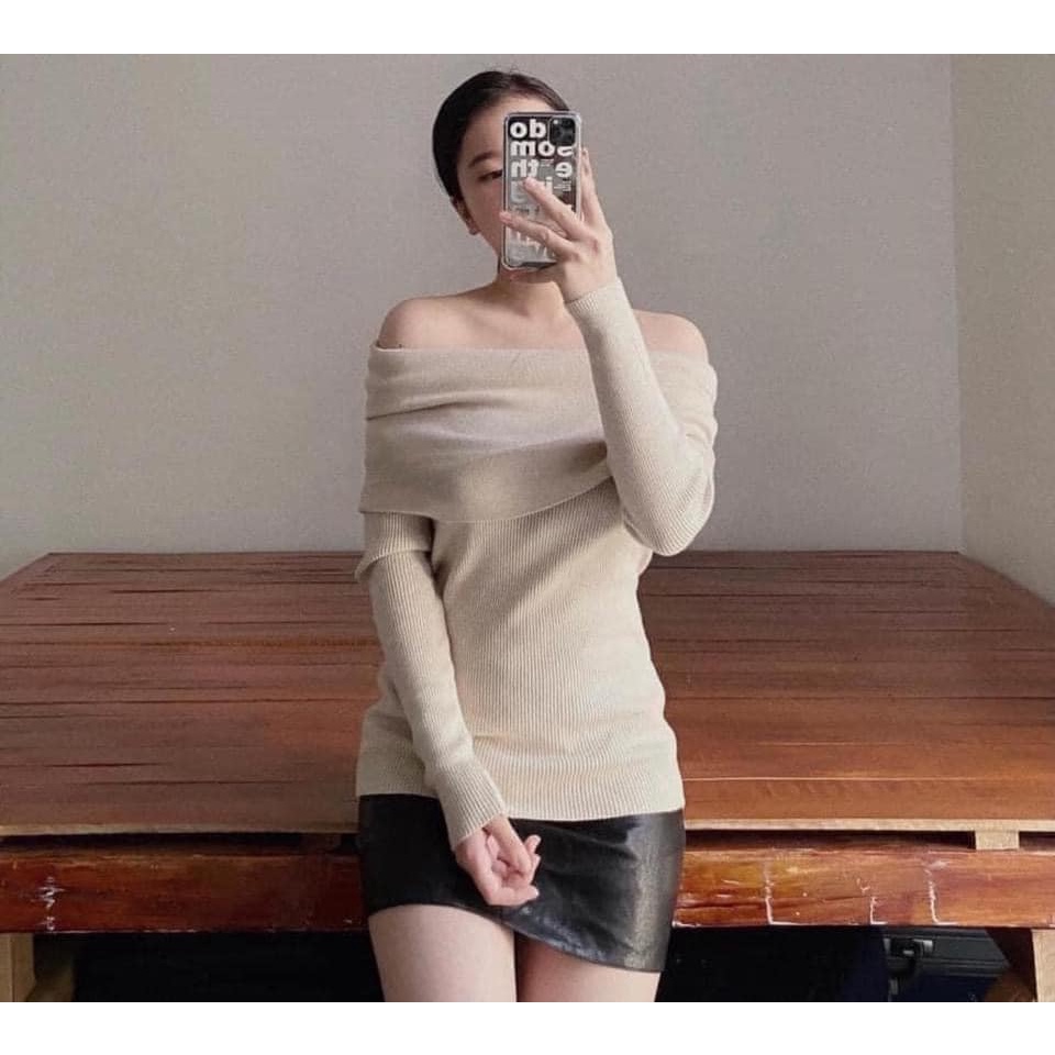 Áo nữ sexy bánh bèo chất  len tăm trễ vai chùm tay hot trend 2021