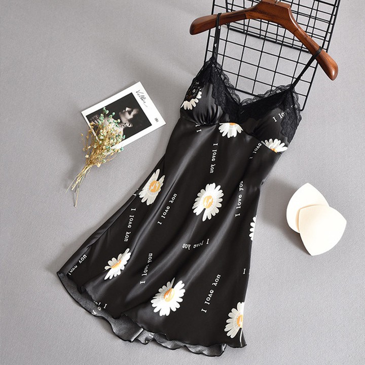 Váy ngủ lụa 2 dây họa tiết hoa cúc hot trend hàng nhập cao cấp có kèm đệm ngực | BigBuy360 - bigbuy360.vn