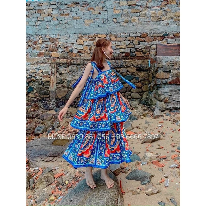 Đầm Maxi 2 Dây - Váy Maxi Tầng Họa Tiết Thổ Cẩm Xanh Da Trời, Chất Lụa Mềm Mịn Mát Thích Hợp Cho Các Cô Nàng Du Hí Biển | BigBuy360 - bigbuy360.vn