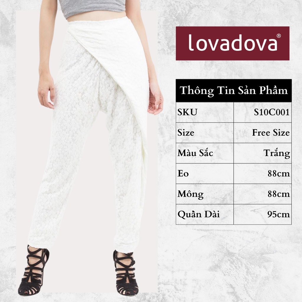 Quần Kiểu, Ống Dài, Họa Tiết Ren, Cách Điệu Một Lớp Vắt Chéo, Nhún Eo Thun, Màu Trắng - Lovadova S10C001