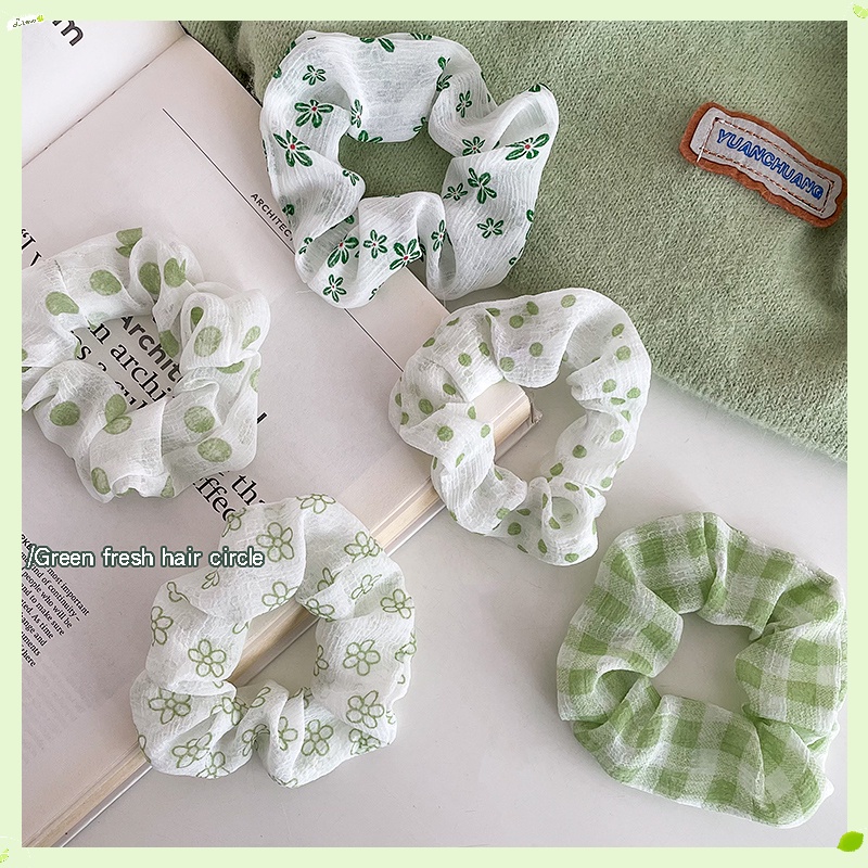 Dây Cột Tóc In Họa Tiết Hoa Màu Xanh Lá Phong Cách Hàn Quốc Thời Trang Xinh Xắn Cho Nữ
