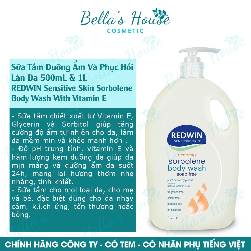 Sữa Tắm Dưỡng Ẩm, Phục Hồi Làn Da 500mL & 1L - REDWIN Sensitive Skin Sorbolene Body Wash With Vitamin E.