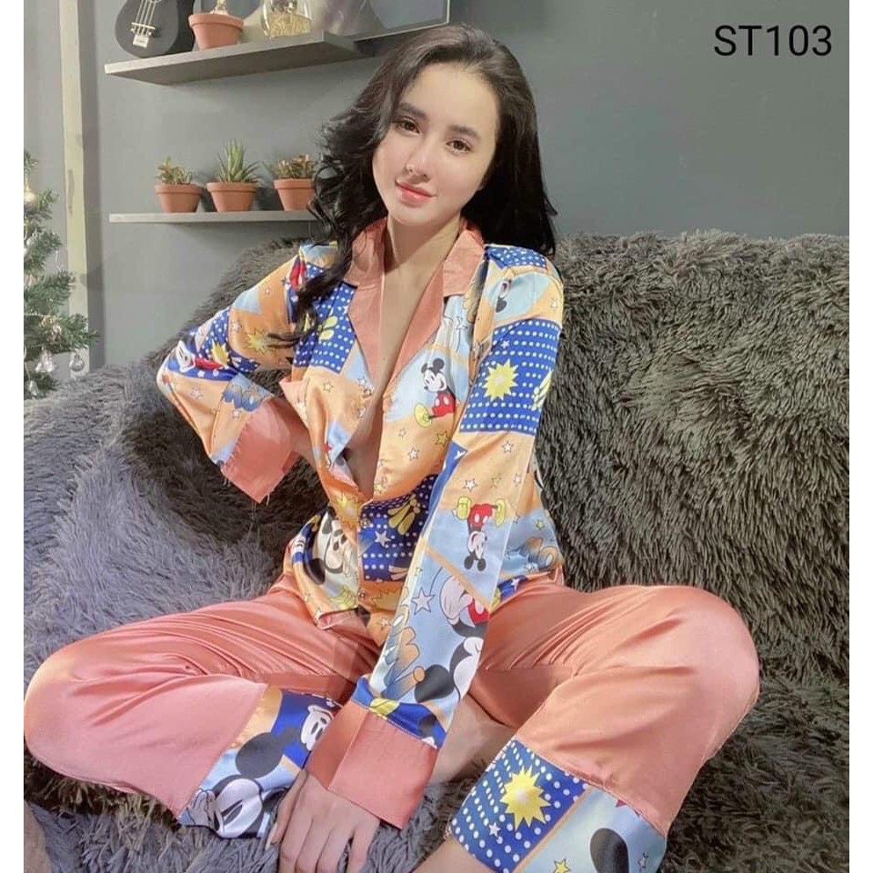 Bộ Pyjama mặc nhà chất lụa satin cao cấp, đồ bộ lụa kiểu dáng hiện đại dành cho người dưới 60kg