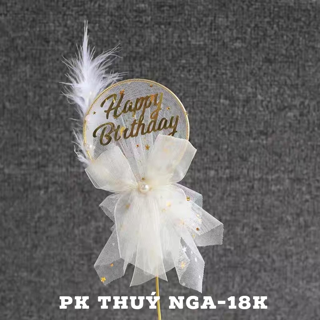 Que tròn HPBD gắn nơ + lông vũ-Q1871