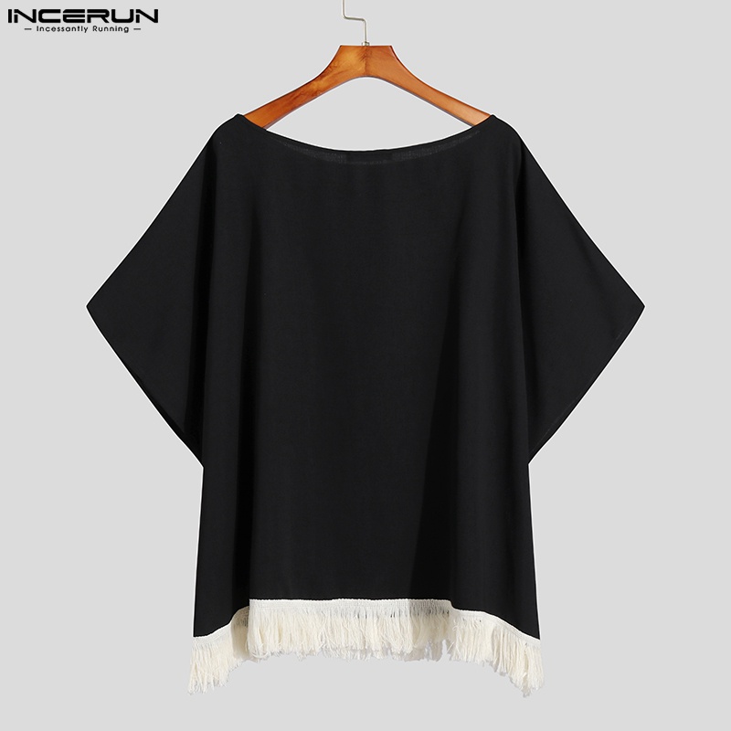 Áo thun INCERUN thiết kế tay cánh dơi cổ tròn phối tua rua thời trang cho nam