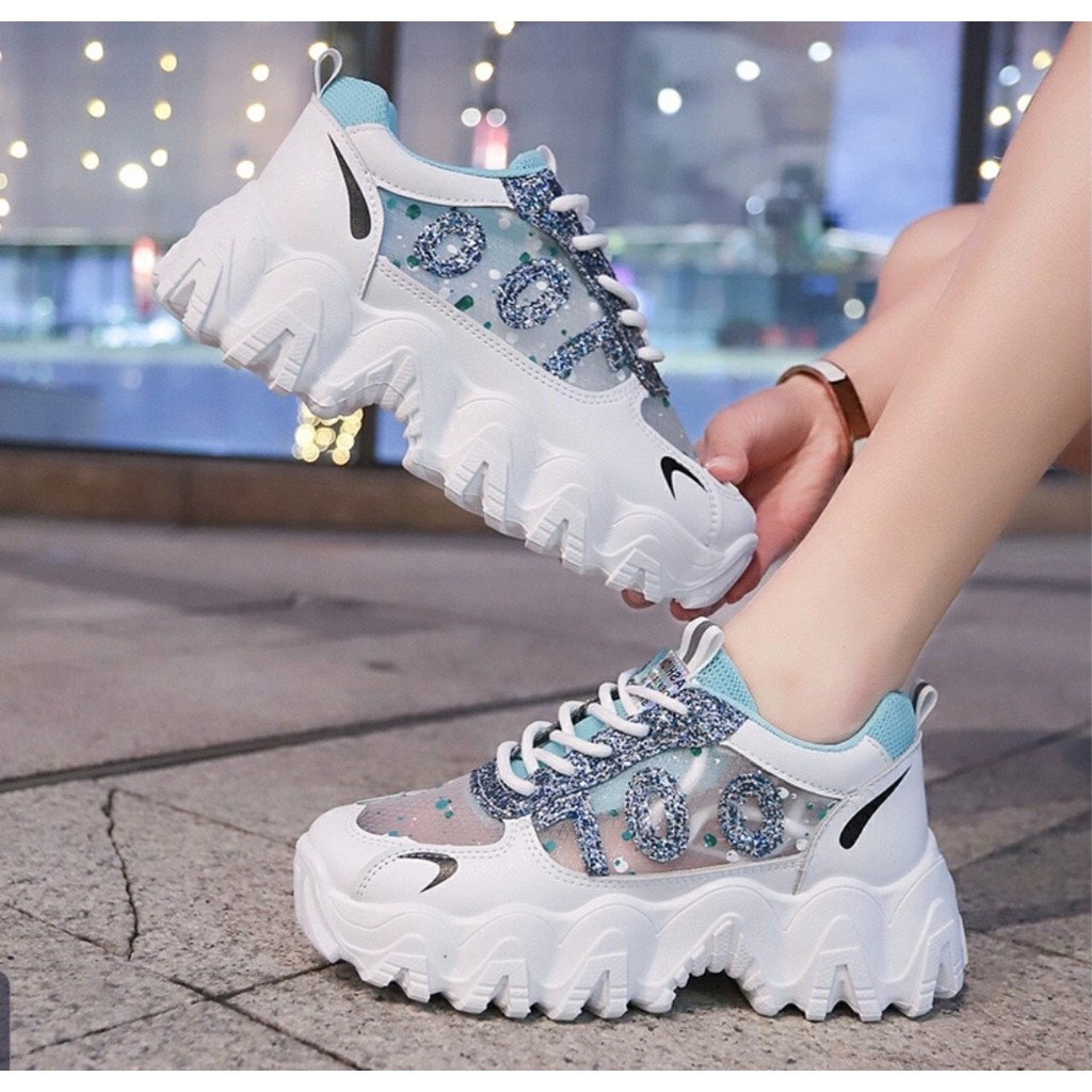 FREE SHIP Giày thể thao nữ , giày sneaker nữ đế độn cao 5cm đế sóng phối lưới nhũ siêu đẹp | BigBuy360 - bigbuy360.vn