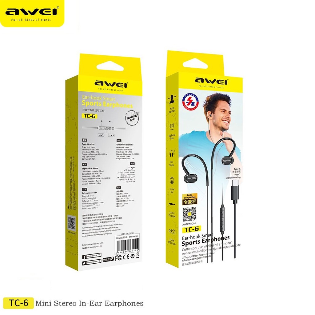 Awei TC-6 Mini Bass Stereo Type-C Plug Hanging Ear Wire Earbuds With Wire Control