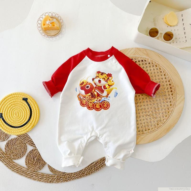 Bộ áo liền quần tay dài in hình hổ hoạt hình dành cho trẻ sơ sinh nam nữ