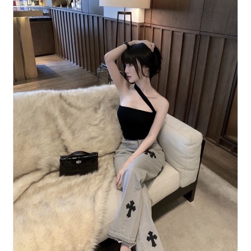 Quần Jean Ống Rộng Màu Xám Hoạ Tiết Chữ Thập Siêu Cá Tính