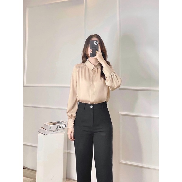 áo sơ mi lụa trắng dài tay công sở cổ đức from suông dễ mặc, chất liệu lụa mềm mịn không nhăn nhàu mặc đi làm đi chơiA17