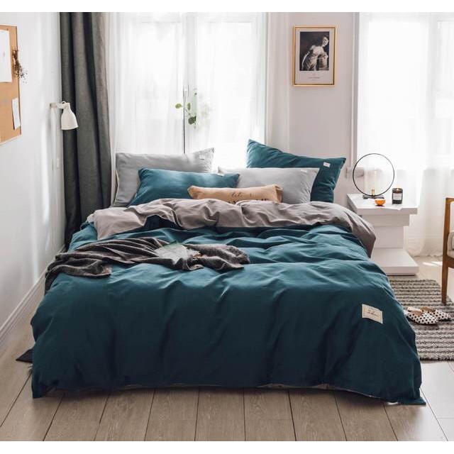 Bộ Chăn Ga Gối Cotton Tici Mẫu Xanh Cổ Vịt Ga Be