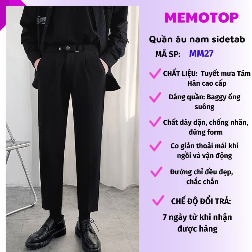 Quần âu cạp cao nam sidetab hàn quốc dáng baggy, quần tây có đai chỉnh eo ống suông cao cấp công sở đẹp MEMOTOP MM27
