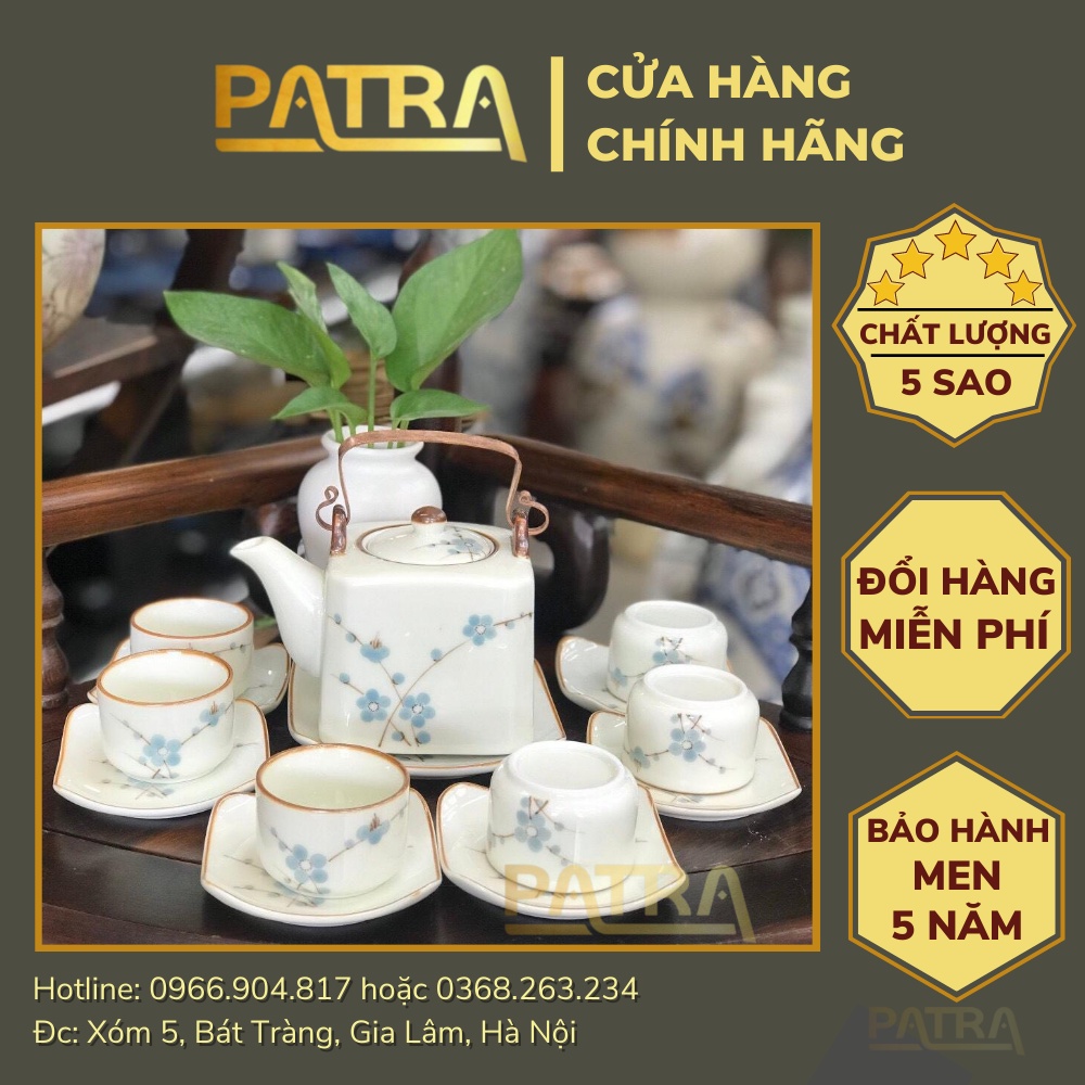 Bộ ấm chén uống trà cao cấp , bộ ấm trà Bát Tràng men kem họa tiết hoa đào xanh quai đồng