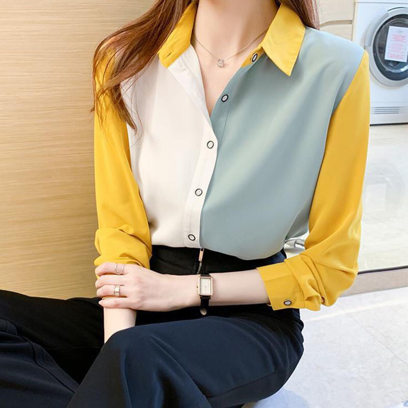 Áo Chiffon Tay Dài Dáng Rộng Phối Màu Thời Trang Hàn Quốc 2021