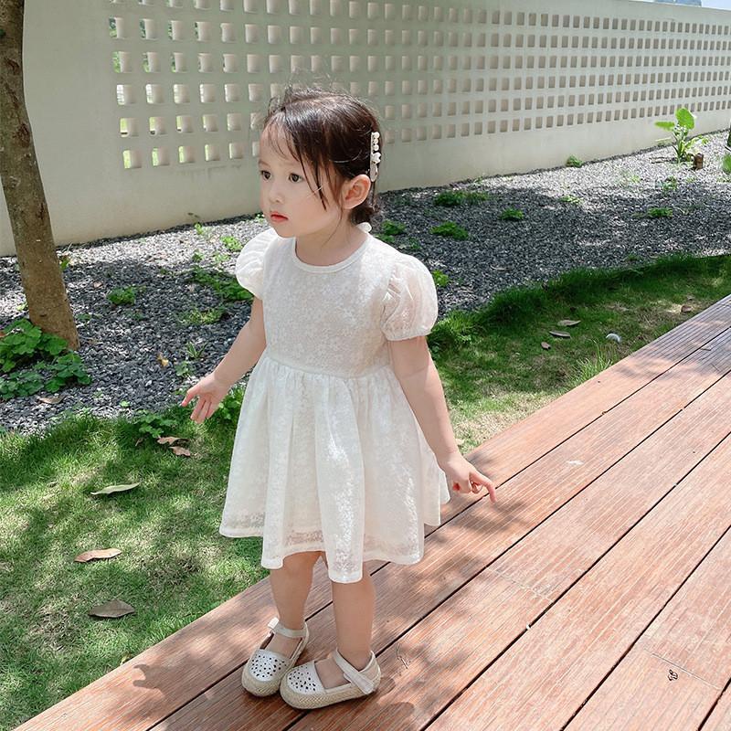 Đầm Công Chúa Tay Ngắn Phồng Màu Trắng Trơn Thời Trang Mùa Hè Hàn Quốc Mới Dành Cho Bạn Gái