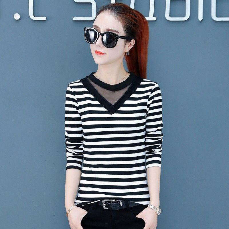 Thời Trang Áo Thun Nữ Tay Dài Dáng Rộng Cổ Chữ V Họa Tiết Sọc Ngang