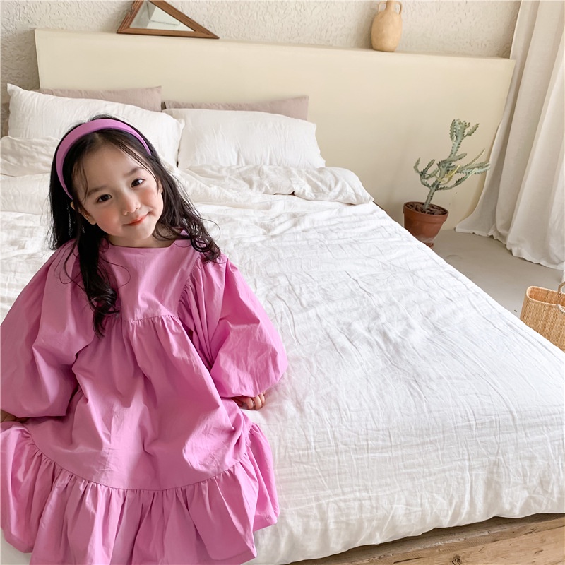 Đầm Cotton Tay Dài Dáng Rộng Màu Trơn Phong Cách Phương Tây Thời Trang Mùa Xuân Mới Dành Cho Bé Gái 2021