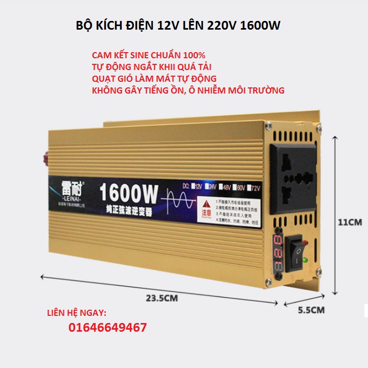 [Sóng Sin chuẩn] Bộ đổi nguồn inverter 12v lên 220v 1600W