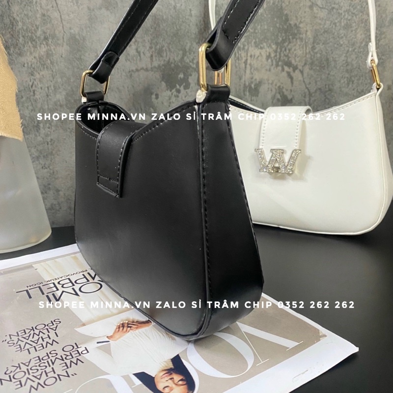 Túi đeo chéo nữ, túi kẹp nách quai xách cầm tay logo chữ W đính đá sang chảnh size to có dây đeo chéo